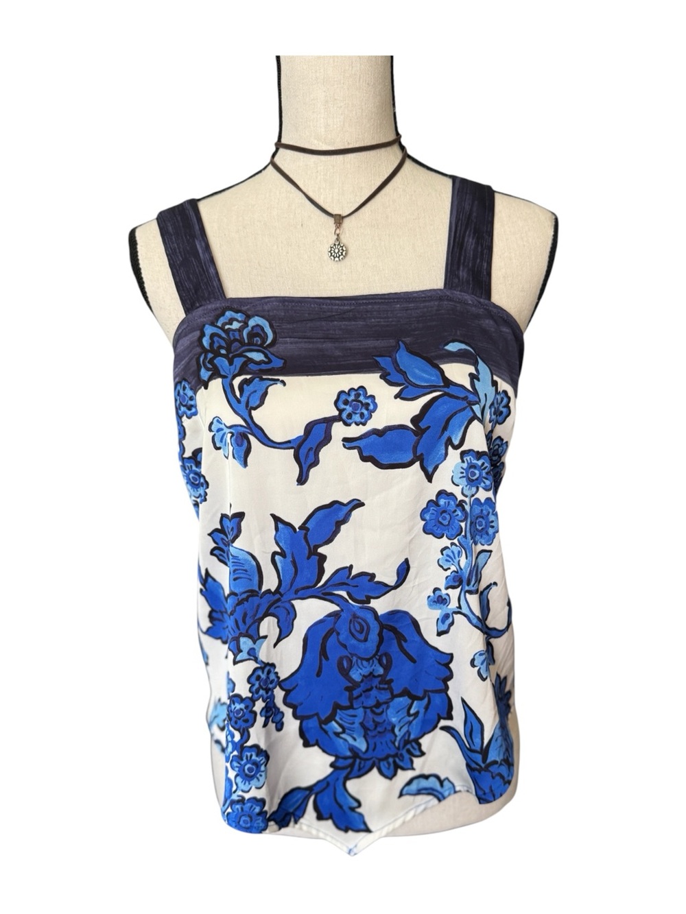 Rachel Zoe Blue Floral Handkerchief Hem Tank Top Smocked Back Medium